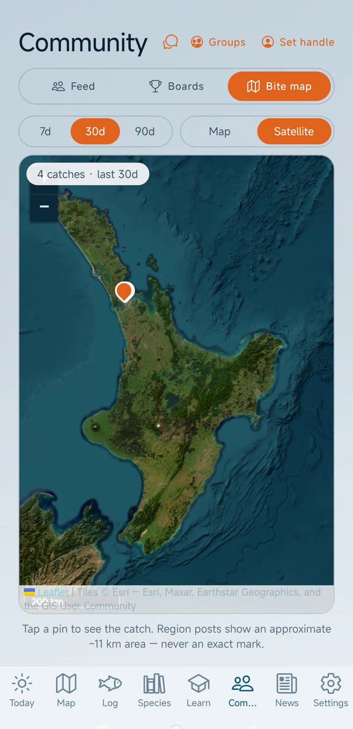Workup community bite map — region-fuzzed catch locations