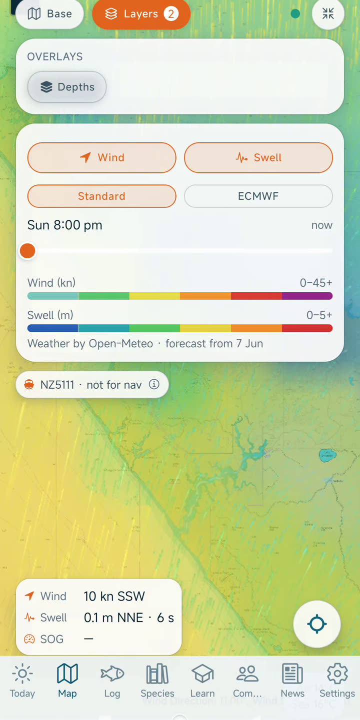 Workup map layers — wind, swell, depths, model and legend